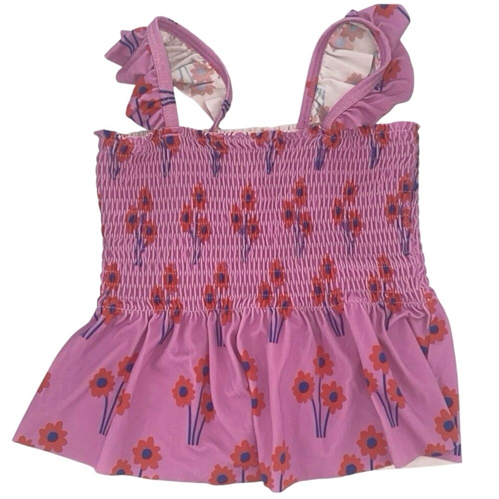 Hanna Andersson Girls Pink Floral Smocked Peplum Tankini Swim Top 110cm 5Y